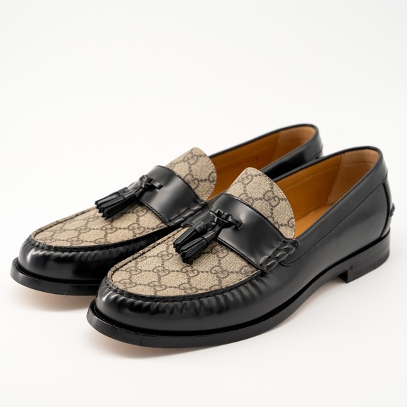 size 13G / 13.5 US Gucci Tassel GG Supreme Black Beige Loafers Moccasins Leather